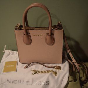 MICHAEL KORS MERCE PEBBLED LEATHER SATCHEL TAN BEIGE PURSE